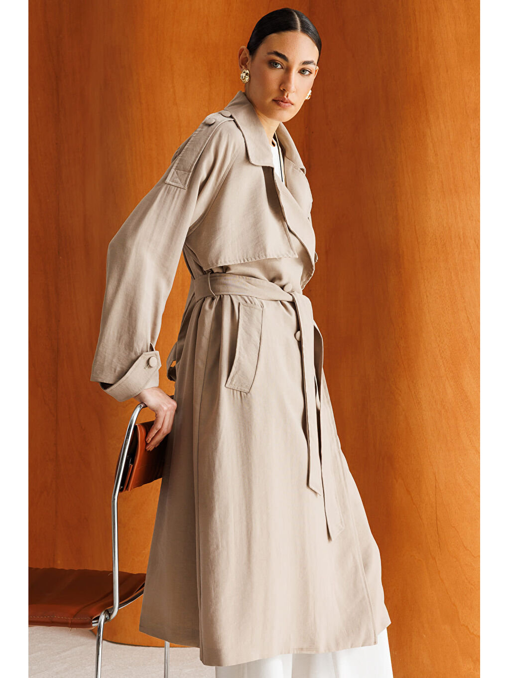 Oversize Bej Rengi Lyocell Trençkot-1