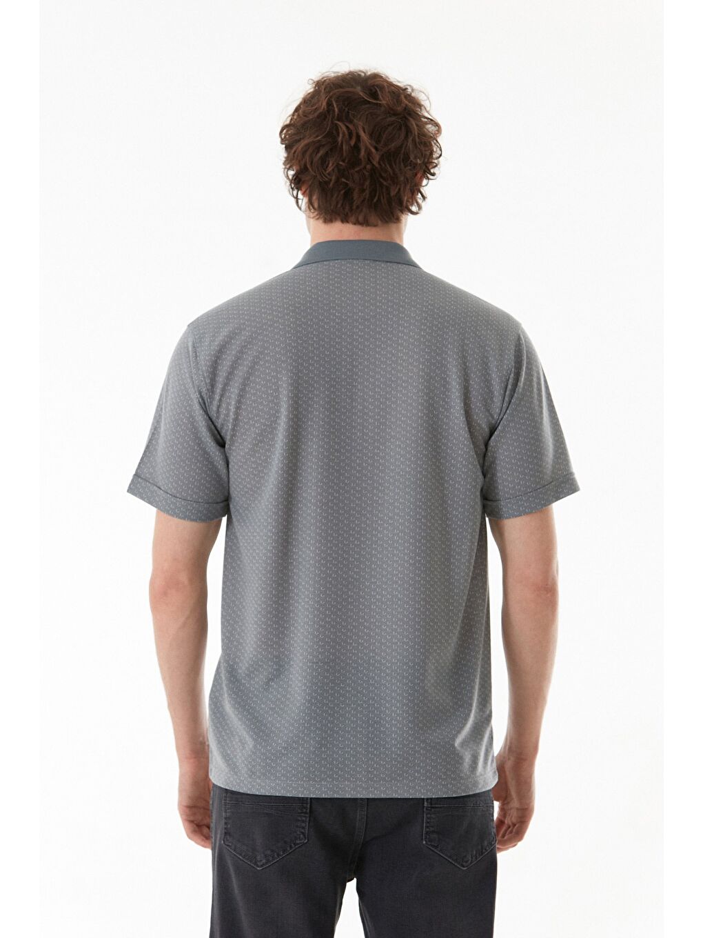 Gri Desenli Düğmeli Polo Yaka Tişört-3