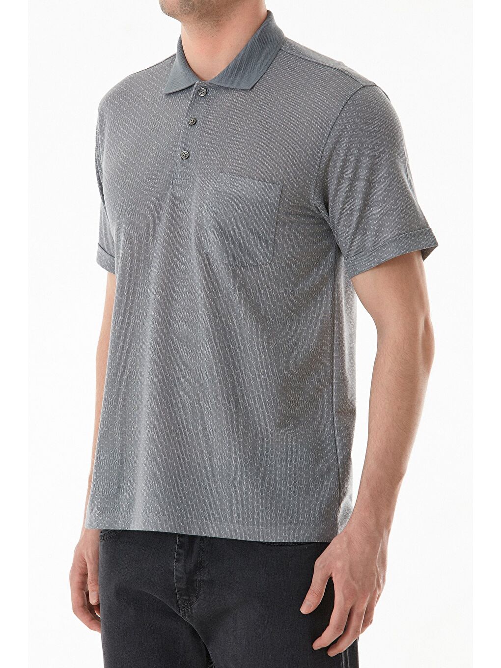 Gri Desenli Düğmeli Polo Yaka Tişört-4
