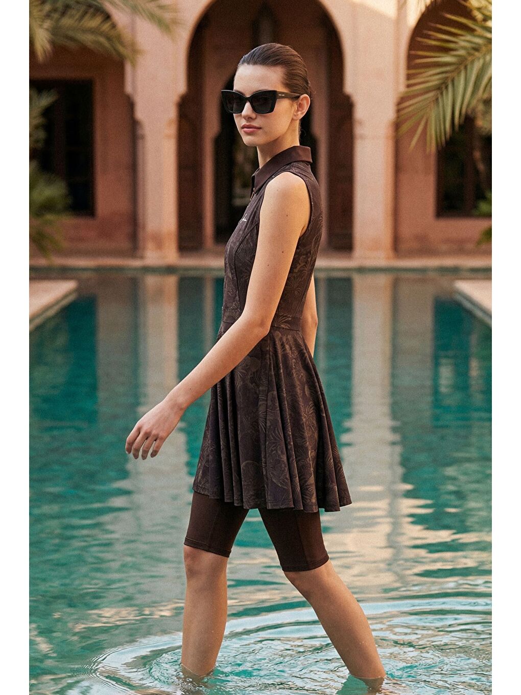 Vaha Koleksiyonu Desenli Gömlek Yaka Kahverengi 4 Parça Yarı Kapalı Mayo Takımı 5093