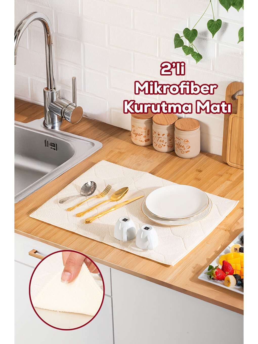 Ekru 3139-1 2li Mikrofiber Tezgah Üstü Kurutma Matı Kurulama Bezi Süper Emici Bulaşıklık Krem