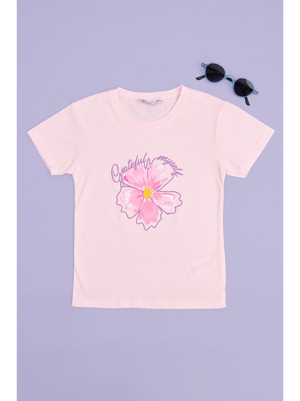 Pembe Çiçek Baskılı Bisiklet Yaka Kız Çocuk Tişört