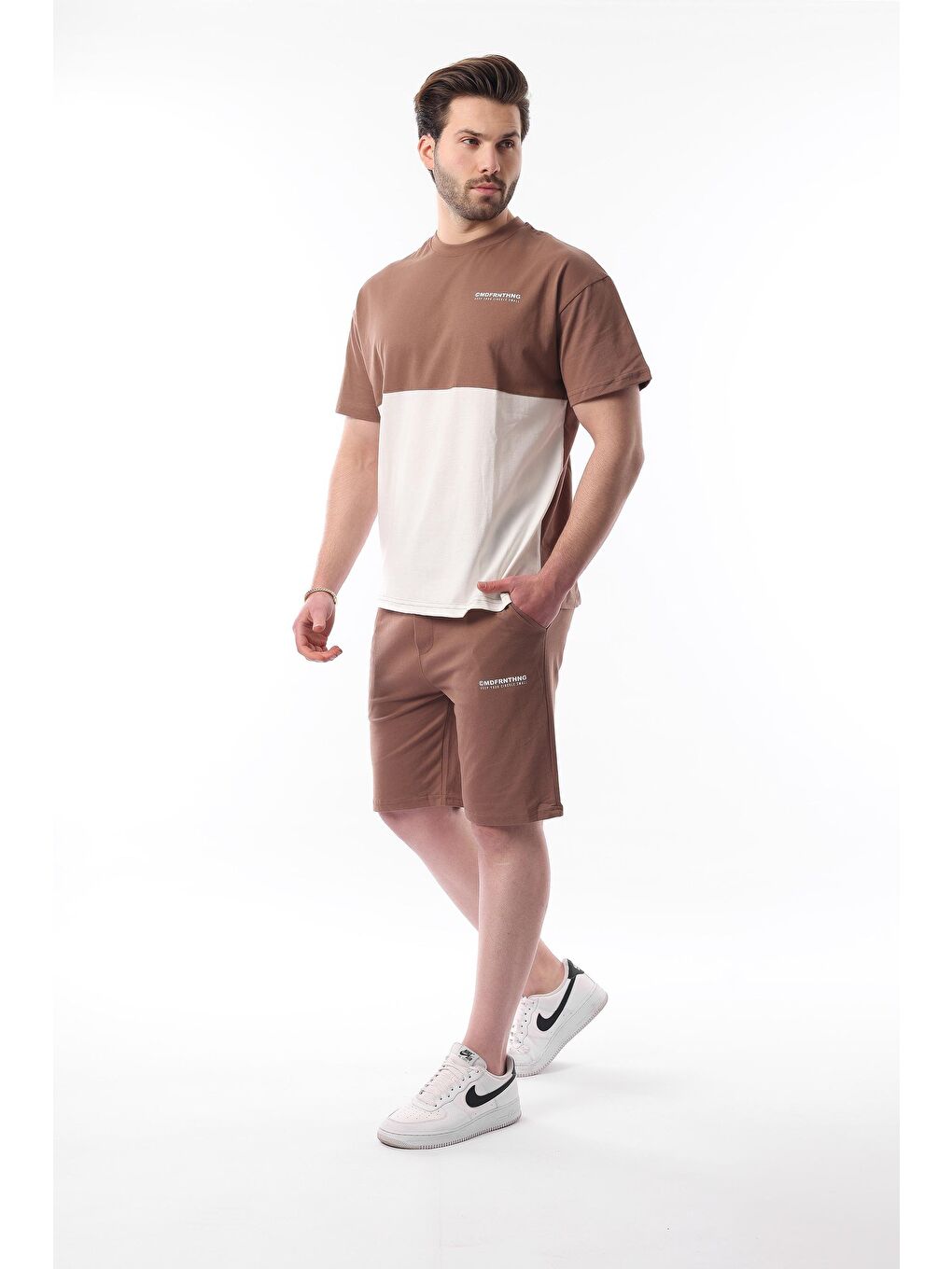 Kahverengi Baskılı Renk Bloklu Pamuklu Ayarlanabilir Bel Şort %100 Pamuk Takım 5952