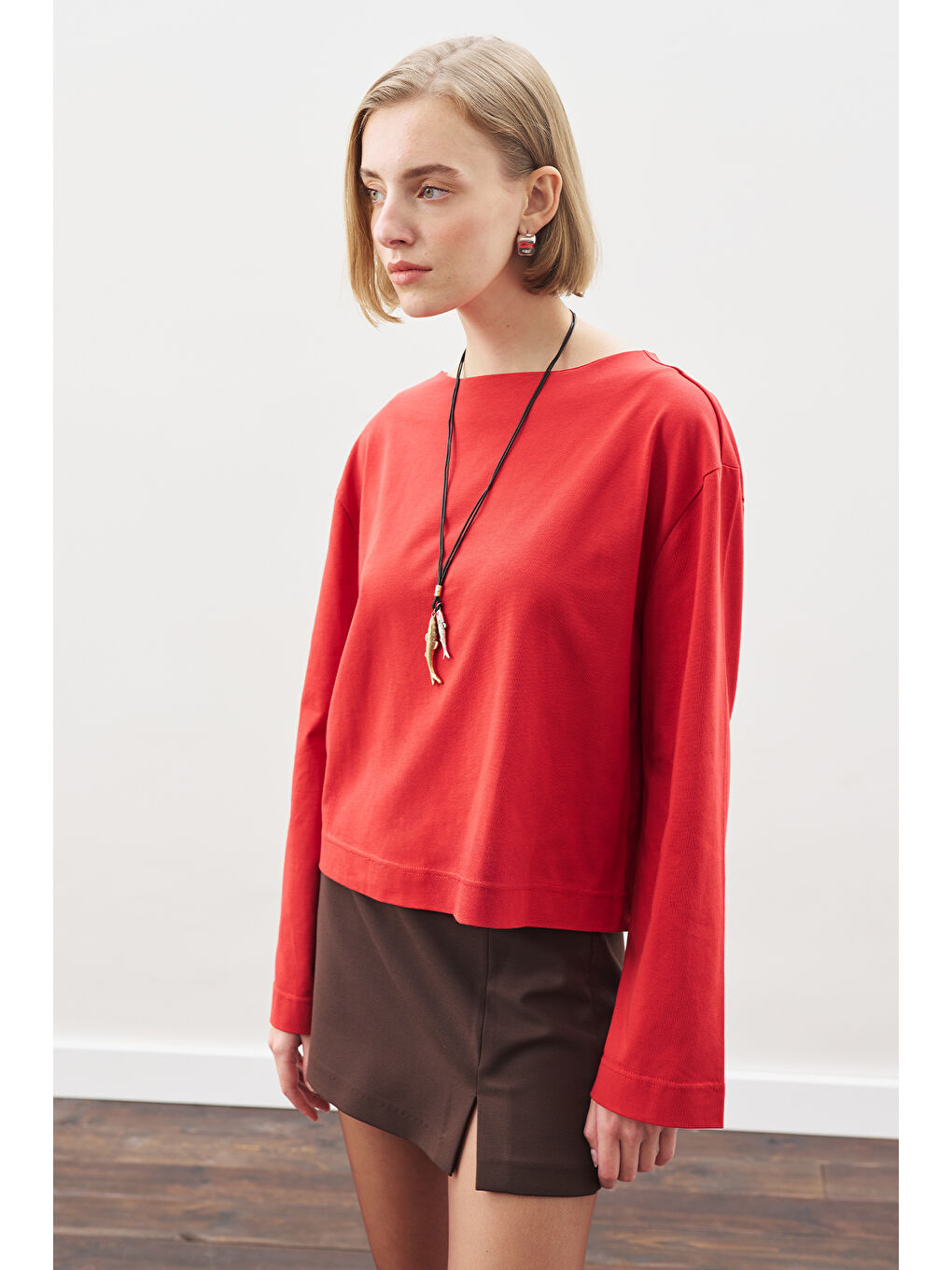 Kayık Yaka Uzun Kol Tshırt Kırmızı-3