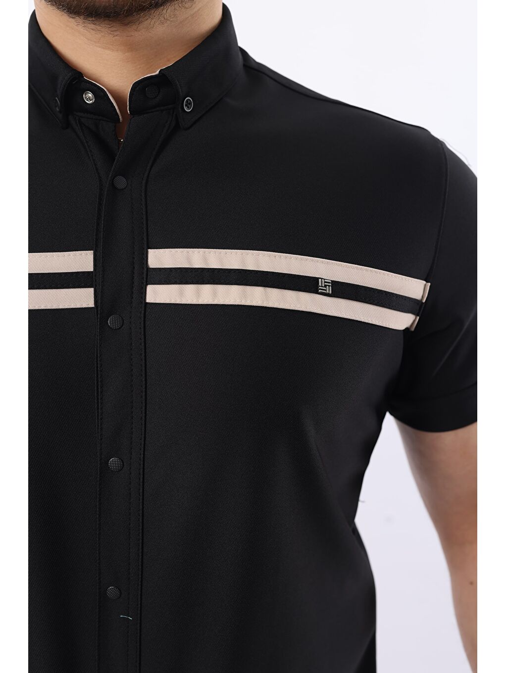 Siyah Erkek Kısa Kollu Slim Fit Yazlık Çift Çizgili Gömlek-1