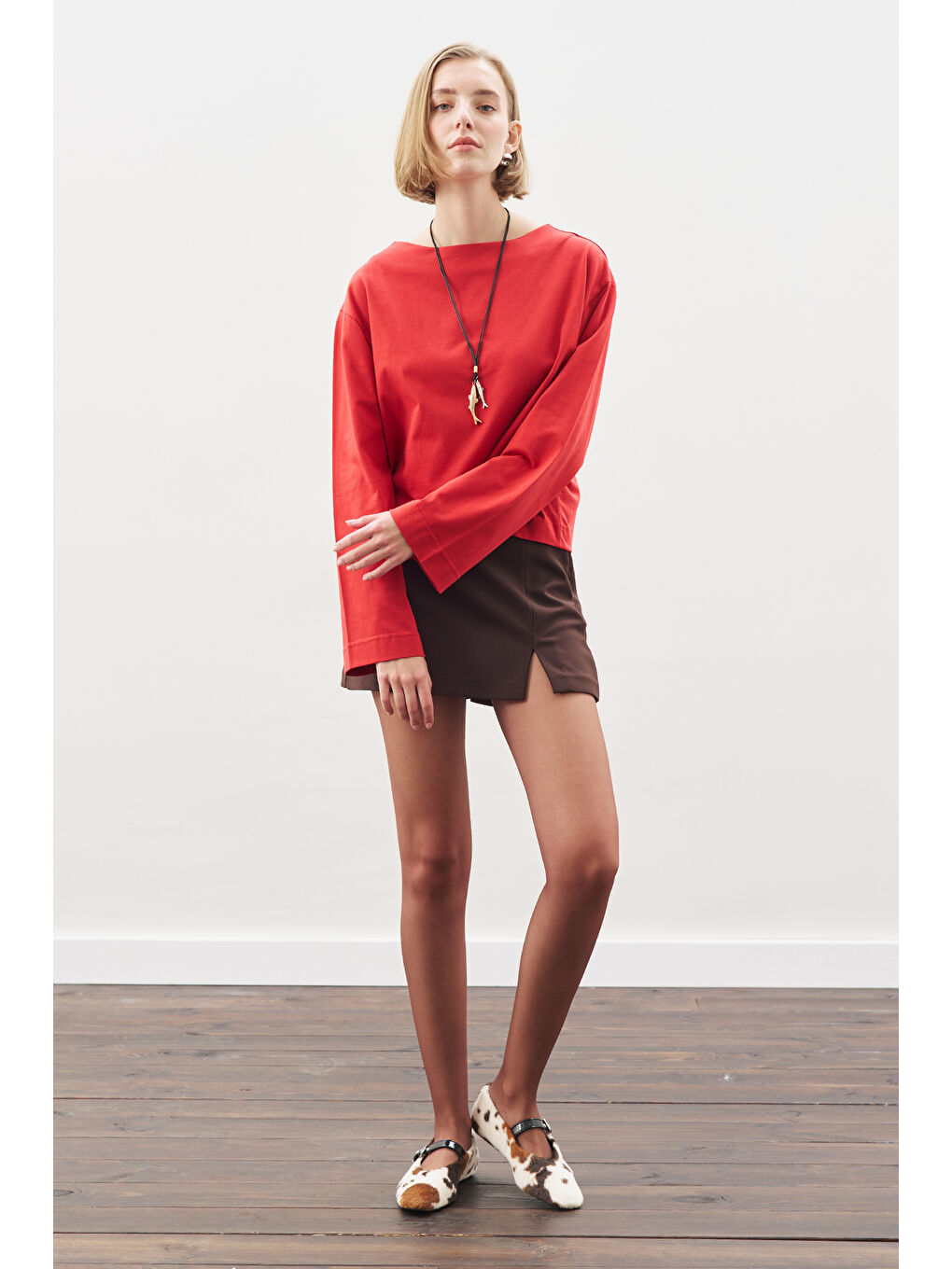 Kayık Yaka Uzun Kol Tshırt Kırmızı-4