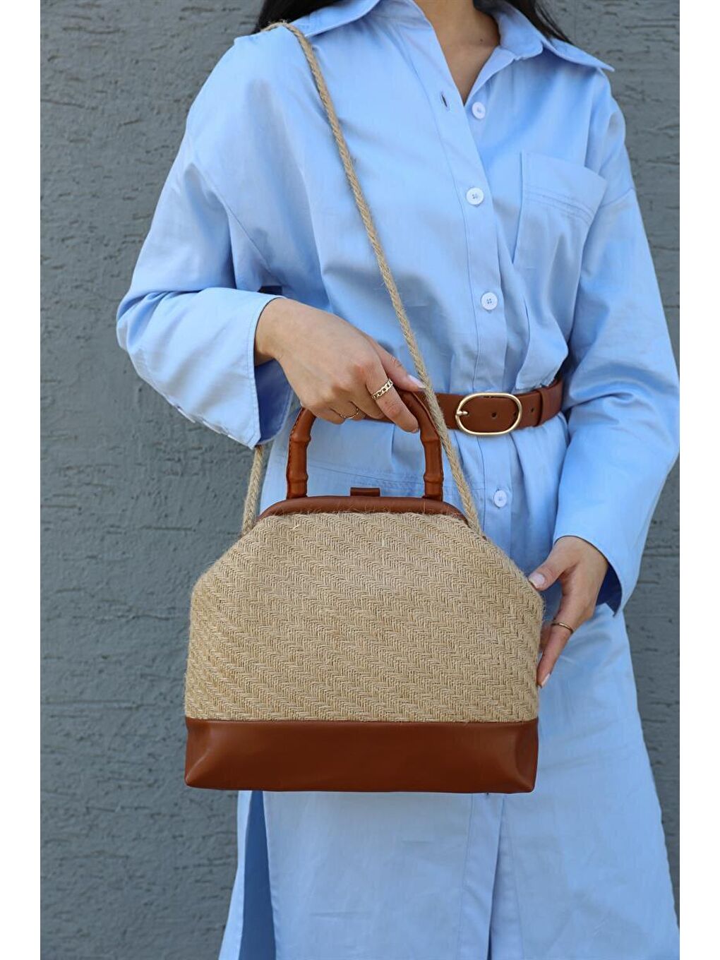 Kahverengi Mıknatıs Kapaklı Hasır El Ve Omuz Çantası Taba-1