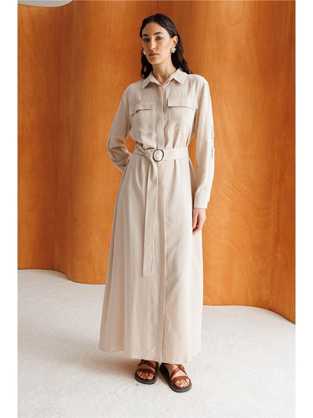 Bej Çift Cepli Uzun Kemerli Taş Rengi Safari Elbise-1