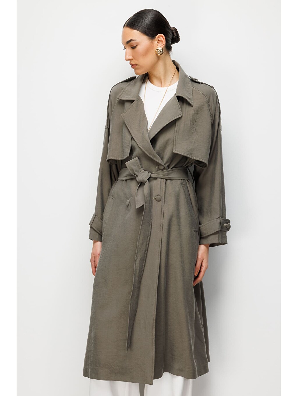 Hakı Oversize Haki Lyocell Trençkot-5