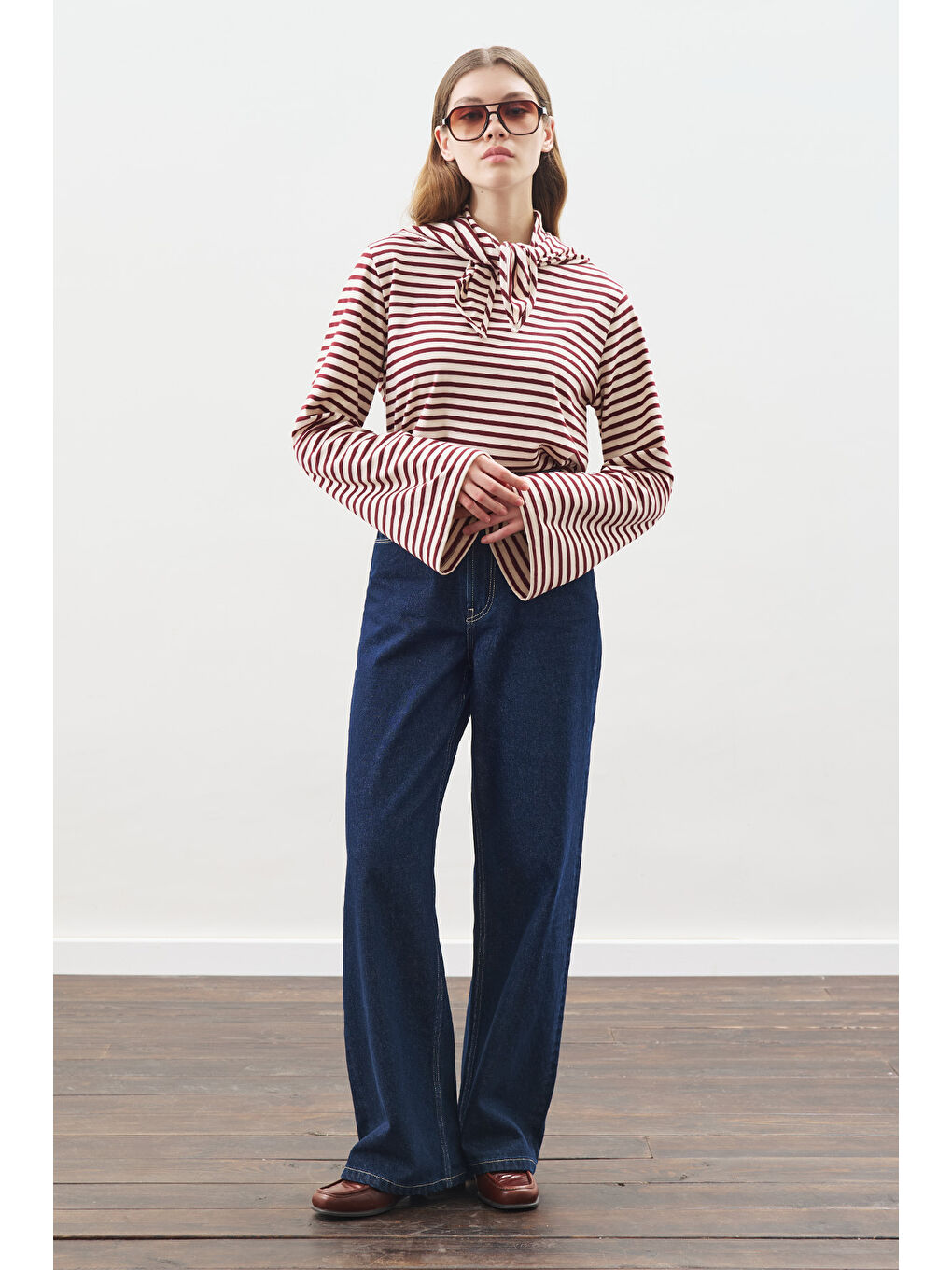 Şal Detaylı Çizgili Tshırt Bordo-1