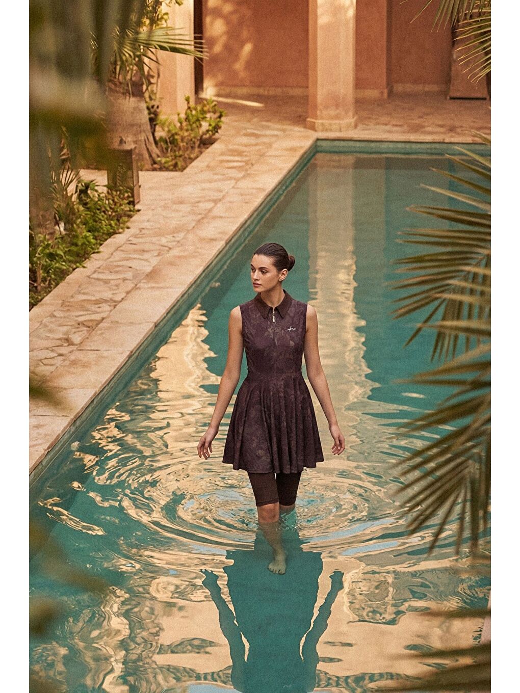 Vaha Koleksiyonu Desenli Gömlek Yaka Kahverengi 4 Parça Yarı Kapalı Mayo Takımı 5093-1