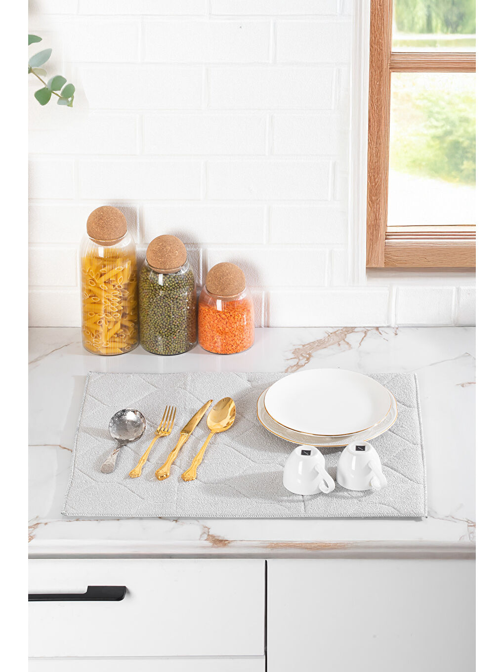 3139 2li Mikrofiber Tezgah Üstü Kurutma Matı Kurulama Bezi Süper Emici Bulaşıklık Gri-1