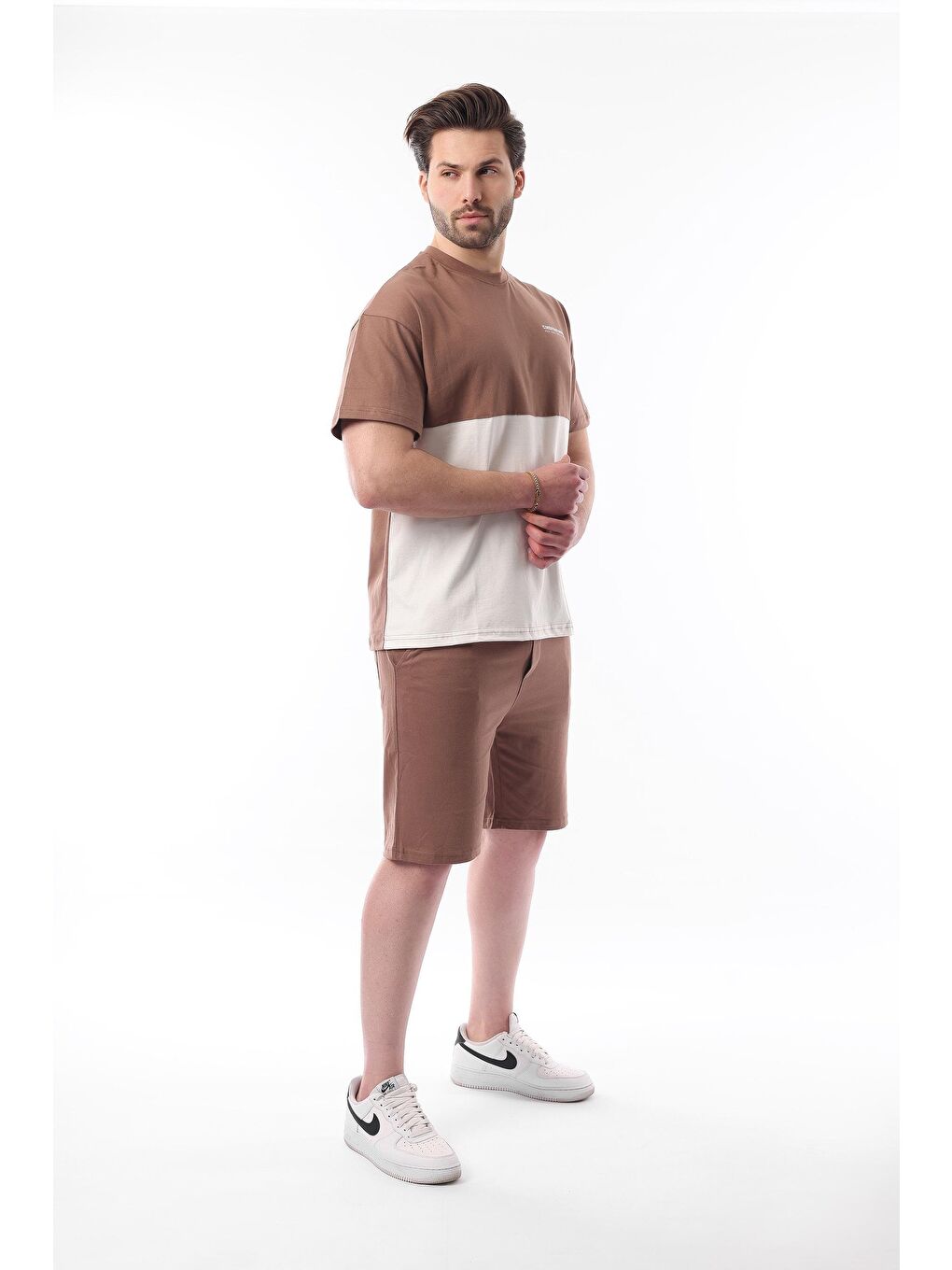 Kahverengi Baskılı Renk Bloklu Pamuklu Ayarlanabilir Bel Şort %100 Pamuk Takım 5952-1