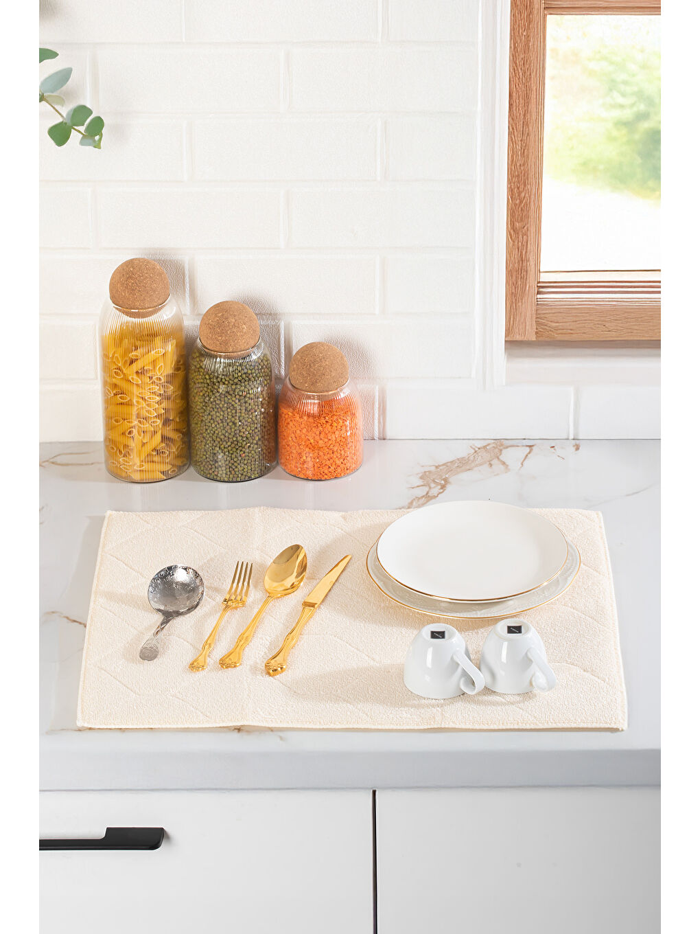 Ekru 3139-1 2li Mikrofiber Tezgah Üstü Kurutma Matı Kurulama Bezi Süper Emici Bulaşıklık Krem-2