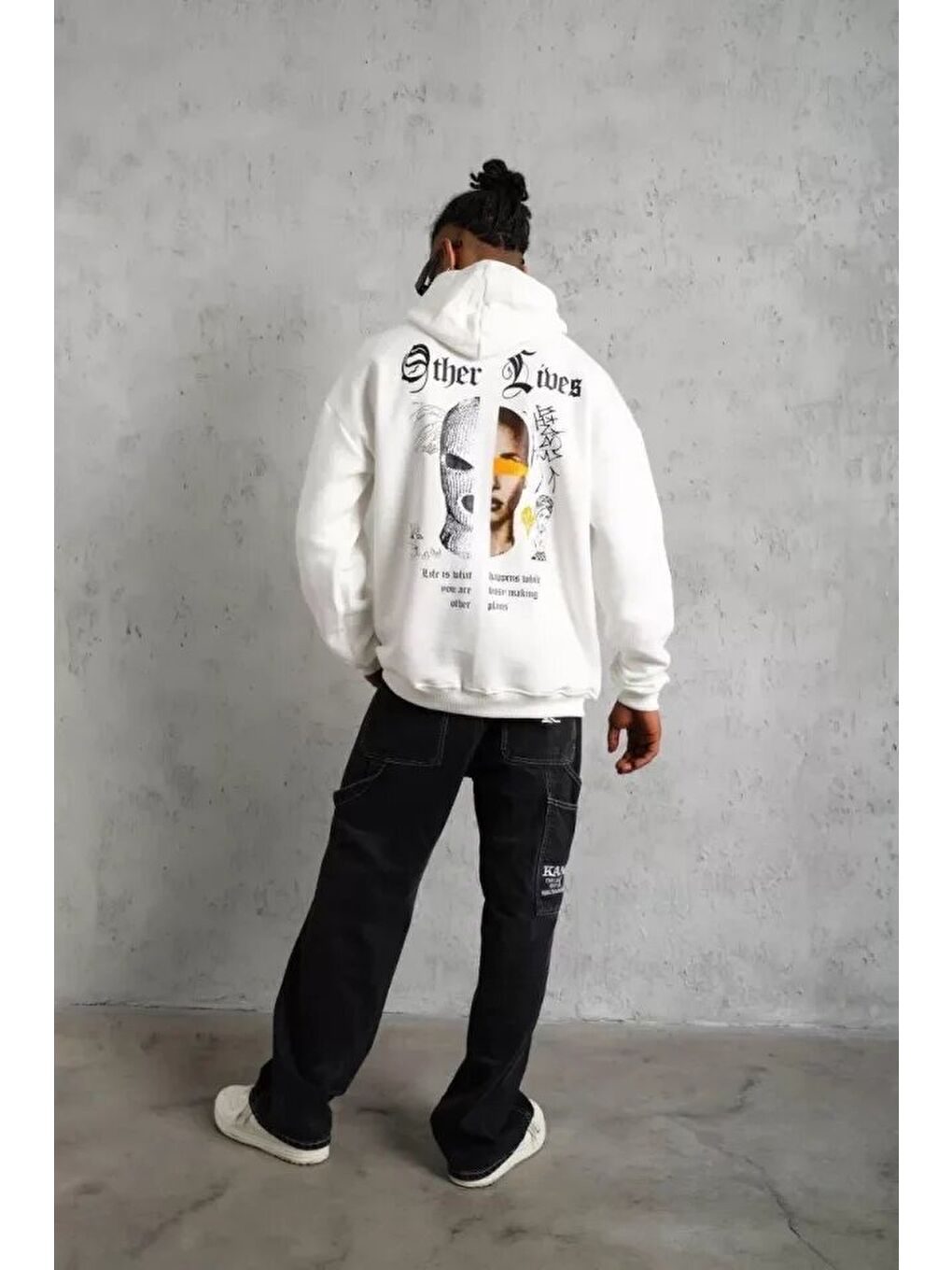 Erkek Sırt Baskılı Oversize Üç İplik Kapüşonlu Sweatshirt - Beyaz-3