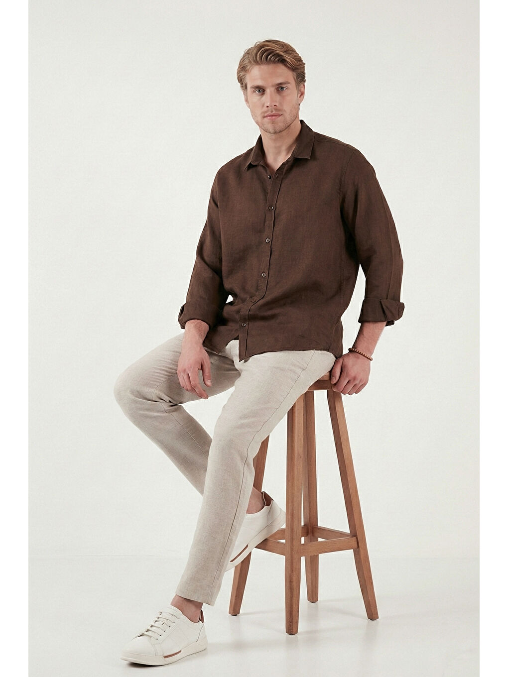 Bej Keten Regular Fit Normal Bel Düz Paça Pantolon CF26S6110228-1