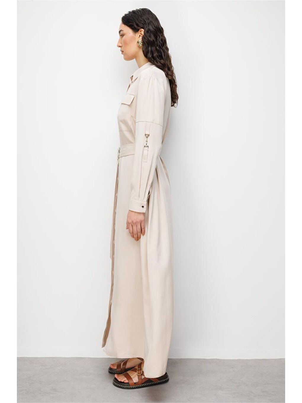 Bej Çift Cepli Uzun Kemerli Taş Rengi Safari Elbise-2