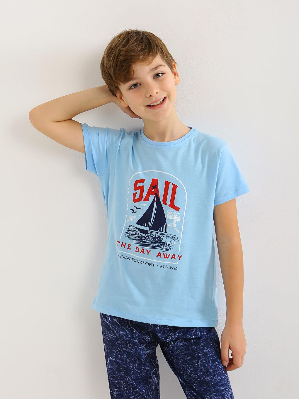 Mavi Erkek Çocuk Kısa Kollu %100 Pamuklu Pijama Takımı Sail-1