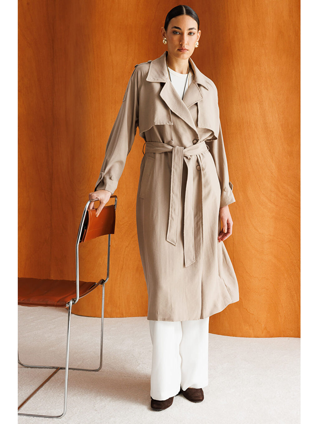 Oversize Bej Rengi Lyocell Trençkot-2