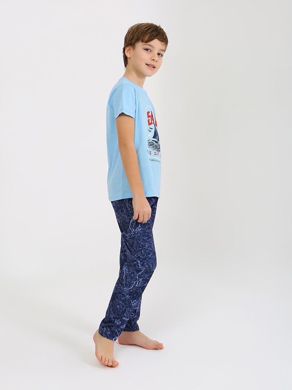 Mavi Erkek Çocuk Kısa Kollu %100 Pamuklu Pijama Takımı Sail-2