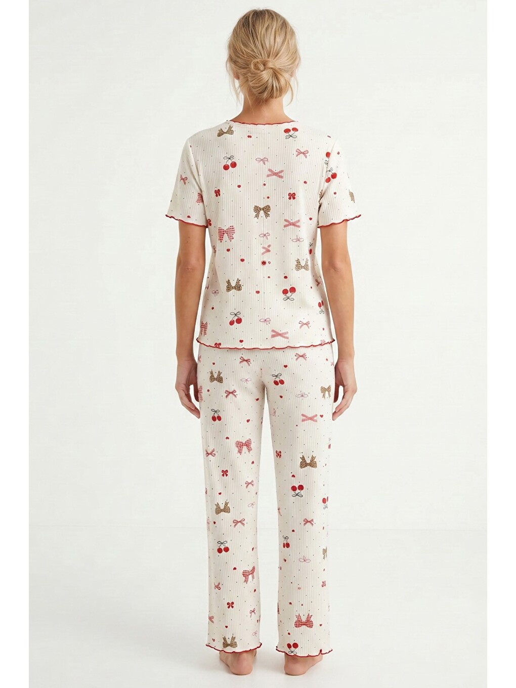 Karışık Yumuşak Tuşe Yazlık Fitilli Pamuklu Örme Pijama Takım 7994-2
