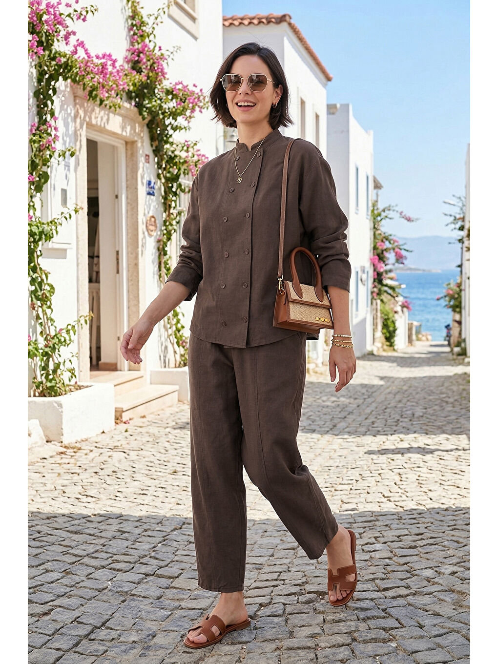 Kahverengi Pamuklu Hakim Yaka Kruvaze Düğmeli Kadın Takım 6928978