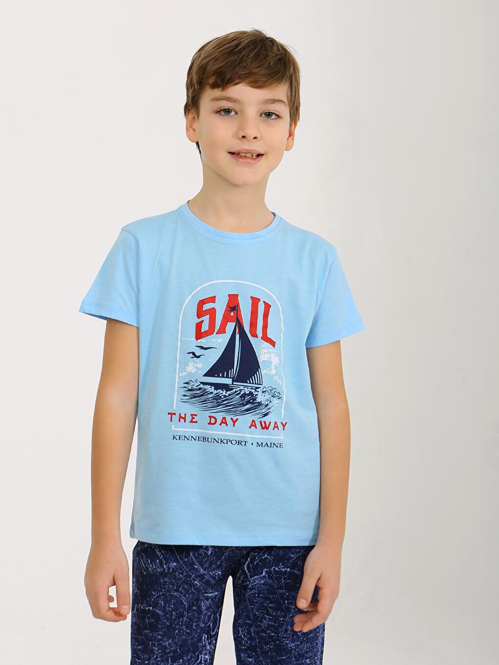 Mavi Erkek Çocuk Kısa Kollu %100 Pamuklu Pijama Takımı Sail-3