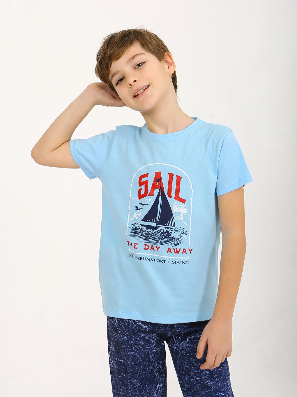 Mavi Erkek Çocuk Kısa Kollu %100 Pamuklu Pijama Takımı Sail-4