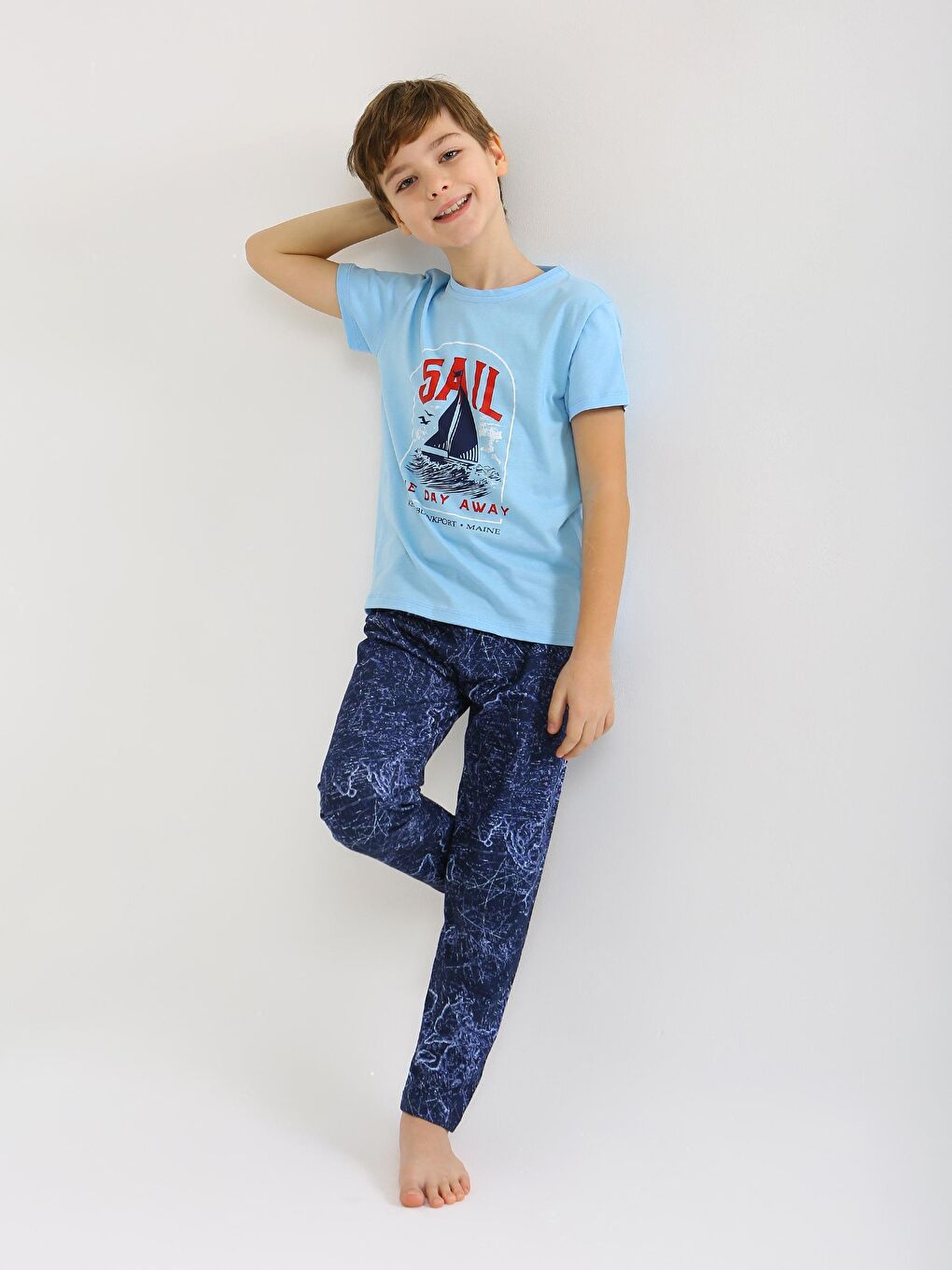 Mavi Erkek Çocuk Kısa Kollu %100 Pamuklu Pijama Takımı Sail-5