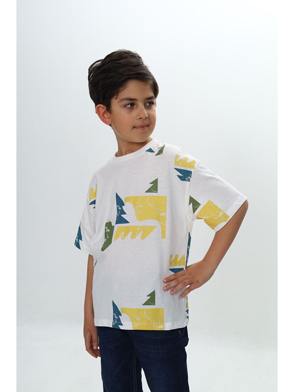 Ekru Erkek Çocuk Renkli Grafik Baskılı Tişört-1