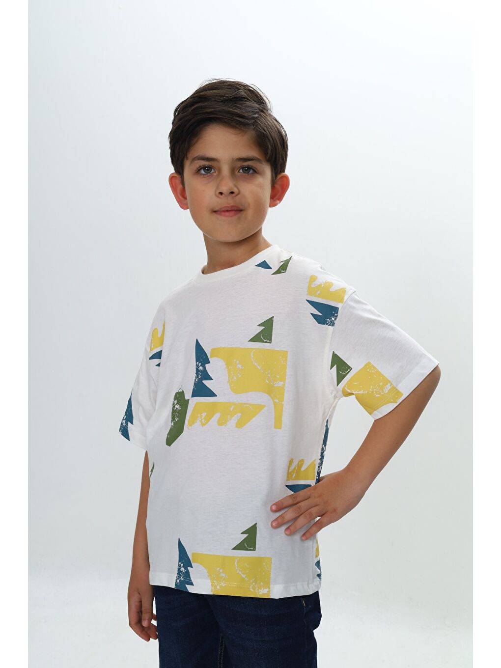 Ekru Erkek Çocuk Renkli Grafik Baskılı Tişört-2