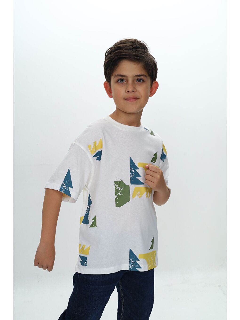 Ekru Erkek Çocuk Renkli Grafik Baskılı Tişört-4