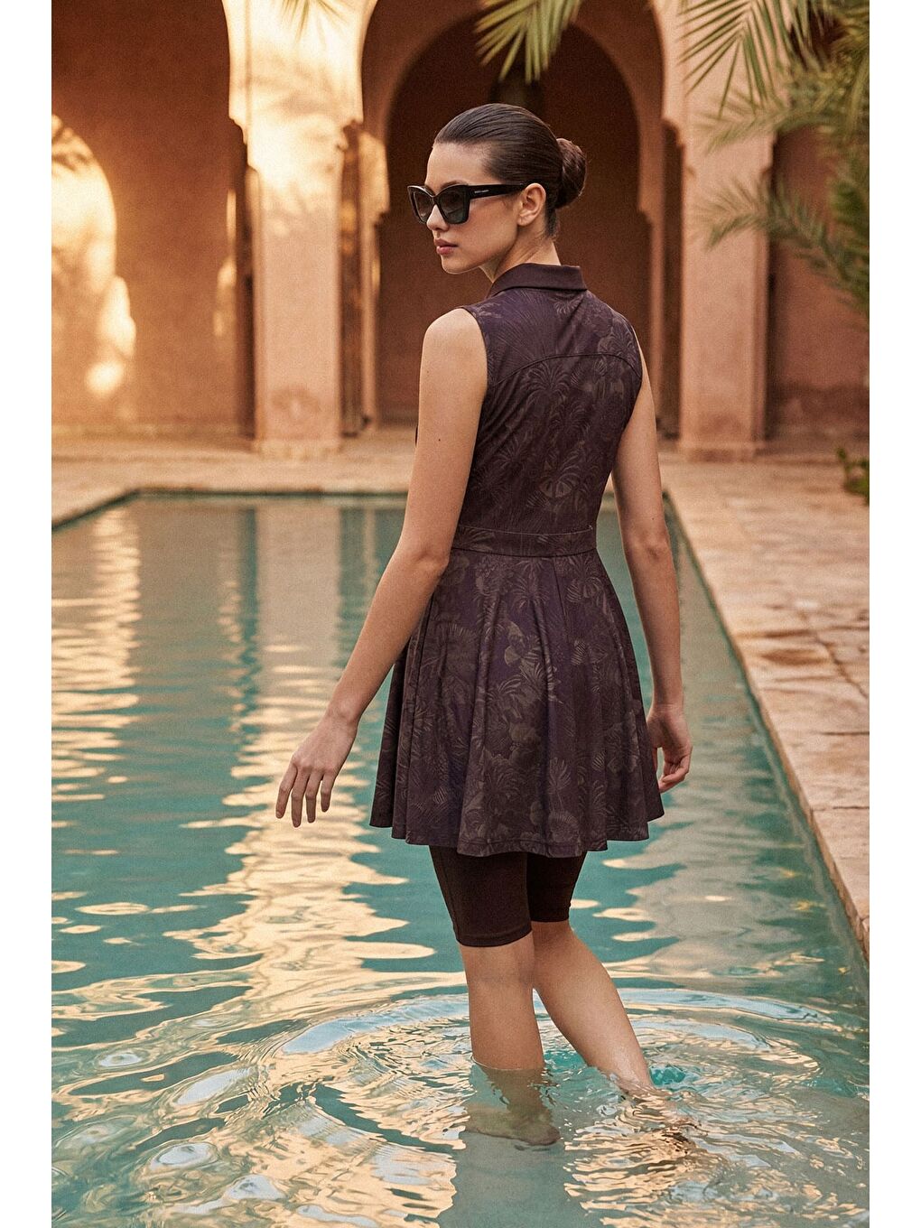 Vaha Koleksiyonu Desenli Gömlek Yaka Kahverengi 4 Parça Yarı Kapalı Mayo Takımı 5093-2