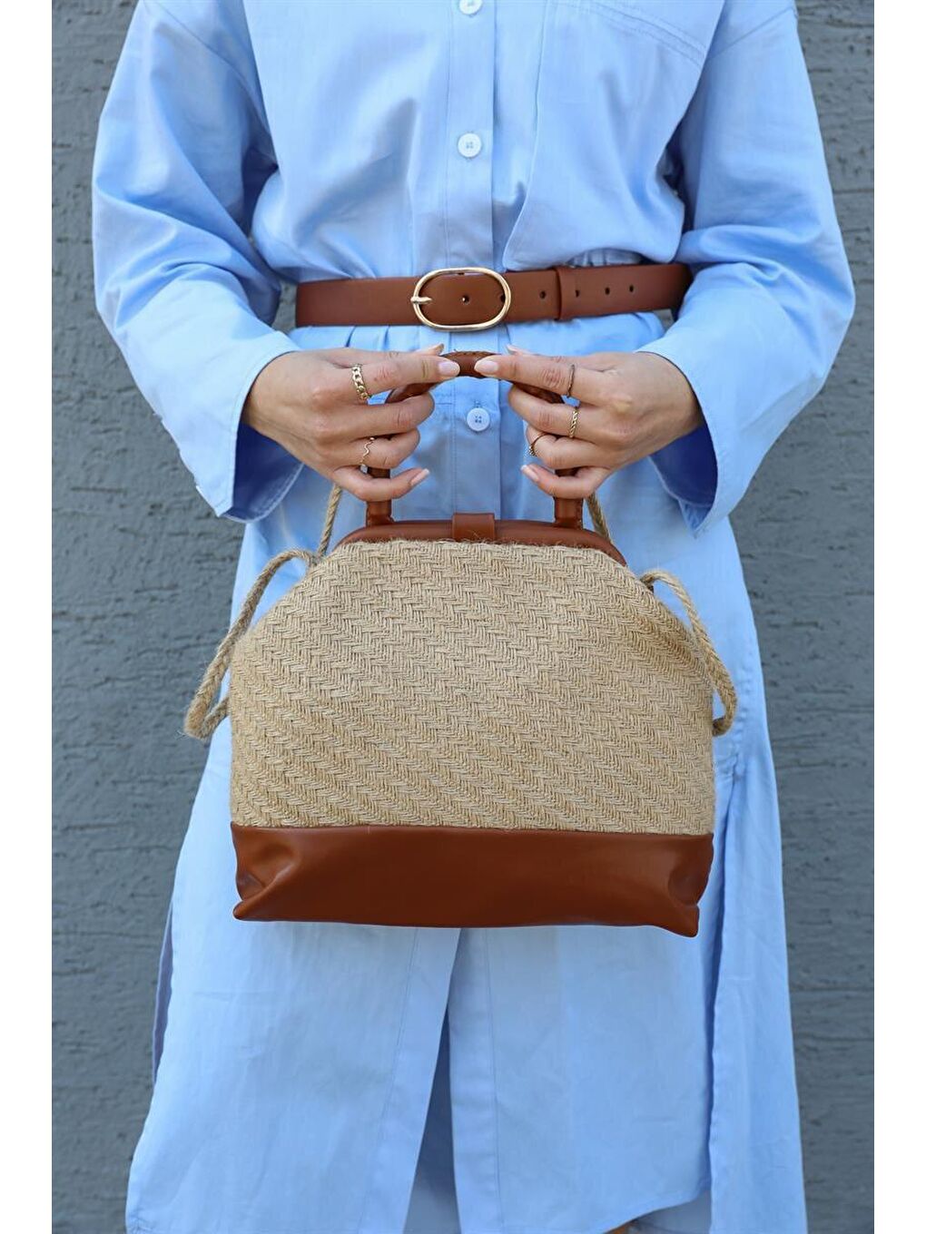 Kahverengi Mıknatıs Kapaklı Hasır El Ve Omuz Çantası Taba-2