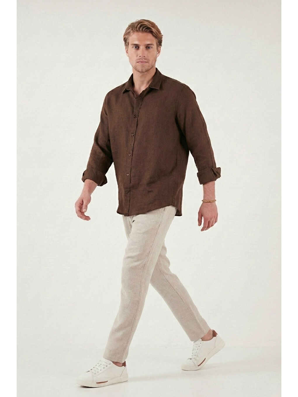 Bej Keten Regular Fit Normal Bel Düz Paça Pantolon CF26S6110228-2