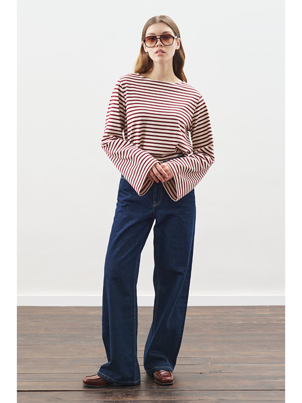 Şal Detaylı Çizgili Tshırt Bordo-5