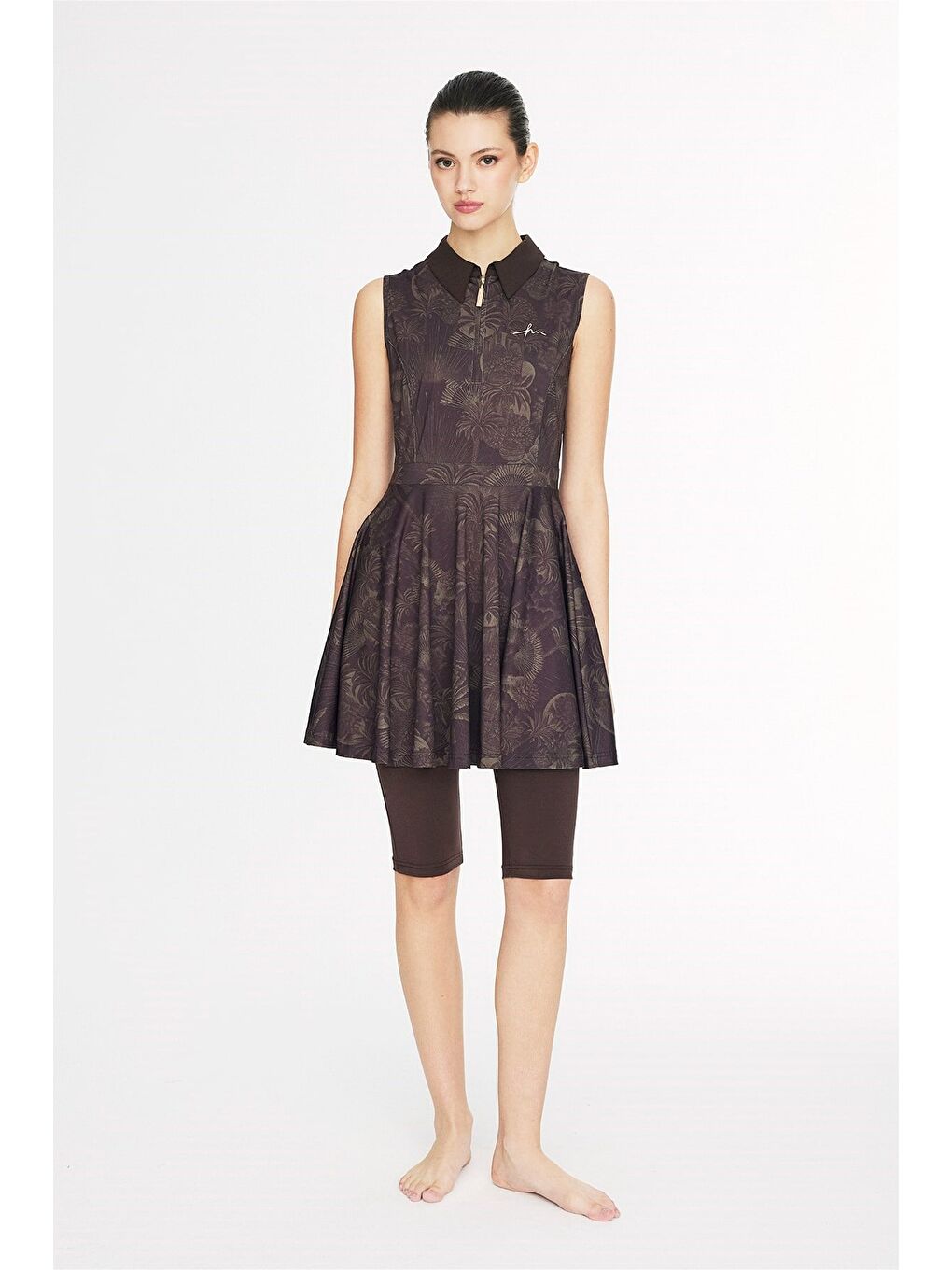 Vaha Koleksiyonu Desenli Gömlek Yaka Kahverengi 4 Parça Yarı Kapalı Mayo Takımı 5093-3