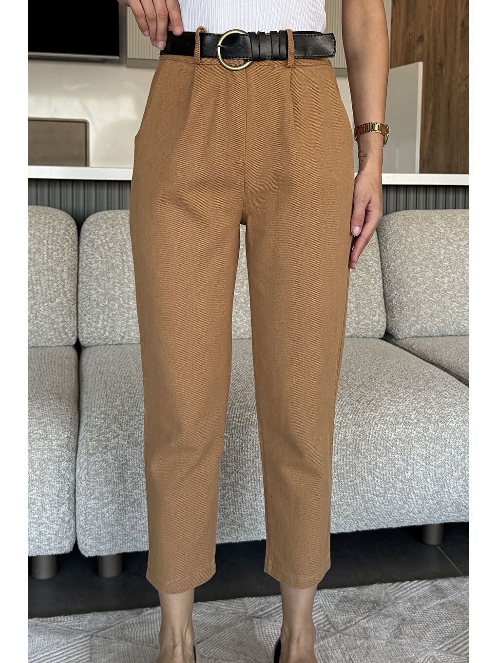 Kahverengi Kadın Kemer Aksesuarlı Yüksek Bel Gabardin Pantolon