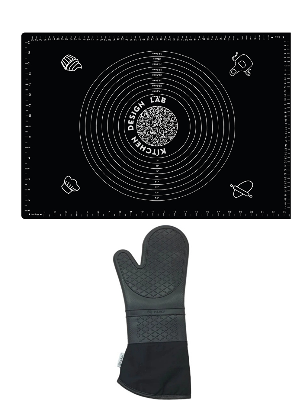 2'li Set Siyah 45x65 cm Silikon Hamur Açma Matı ve Gri Silikon Yanmaz Mutfak Fırın Eldiveni