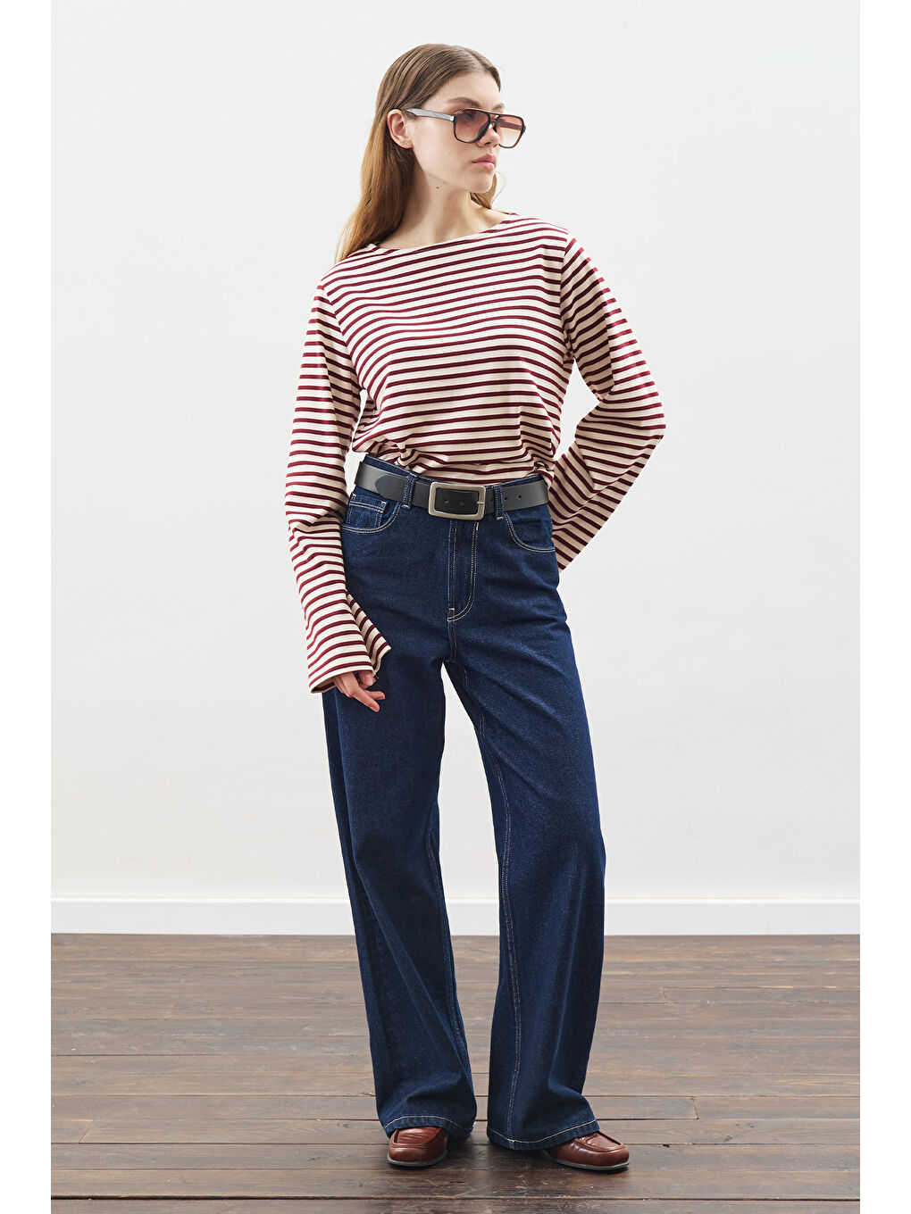 Şal Detaylı Çizgili Tshırt Bordo-6