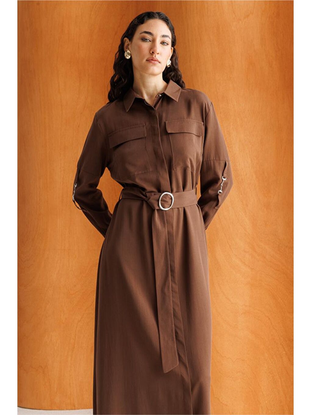 Acı Kahve Çift Cepli Uzun Kemerli Kahverengi Safari Elbise-1