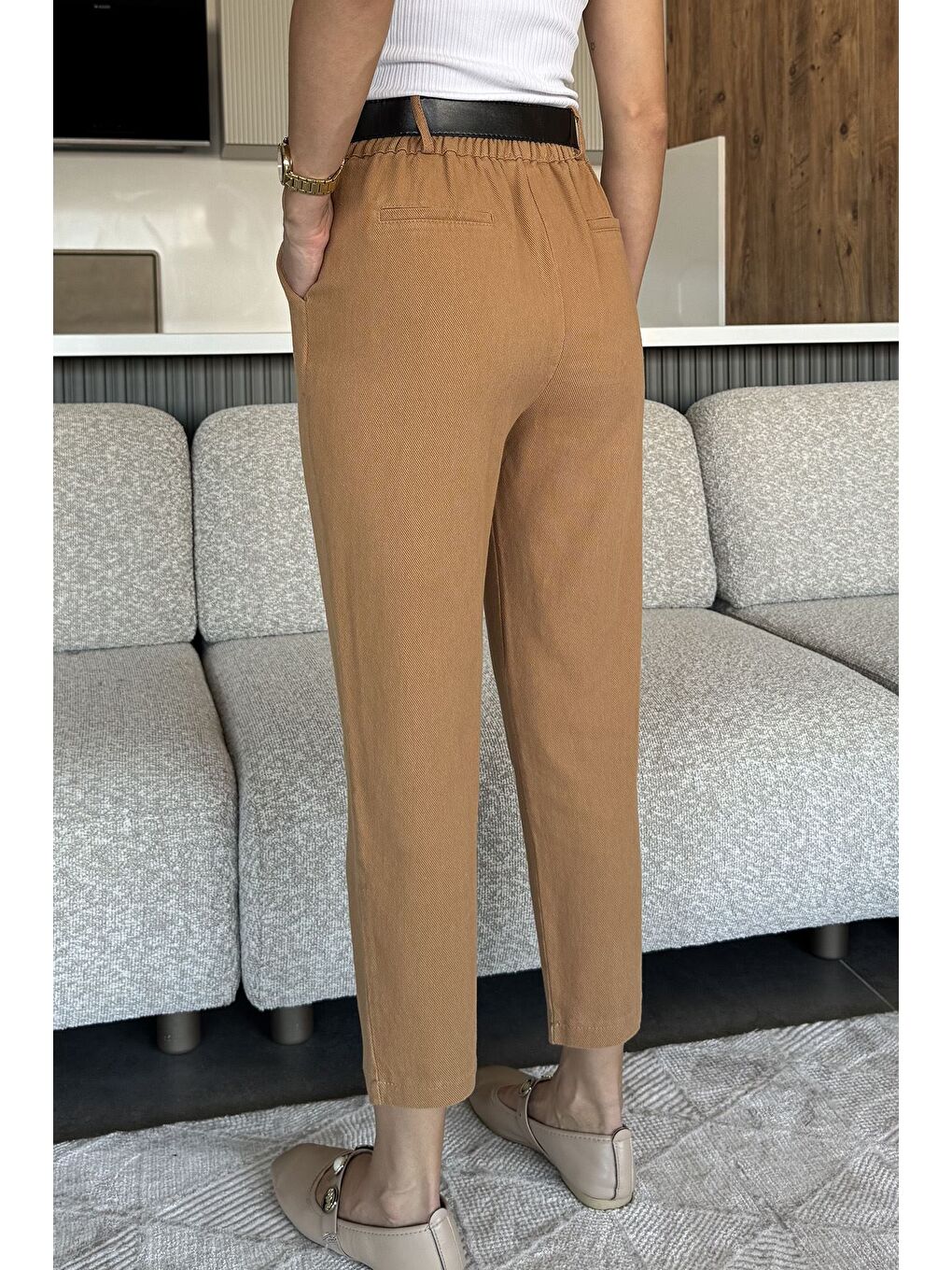 Kahverengi Kadın Kemer Aksesuarlı Yüksek Bel Gabardin Pantolon-2