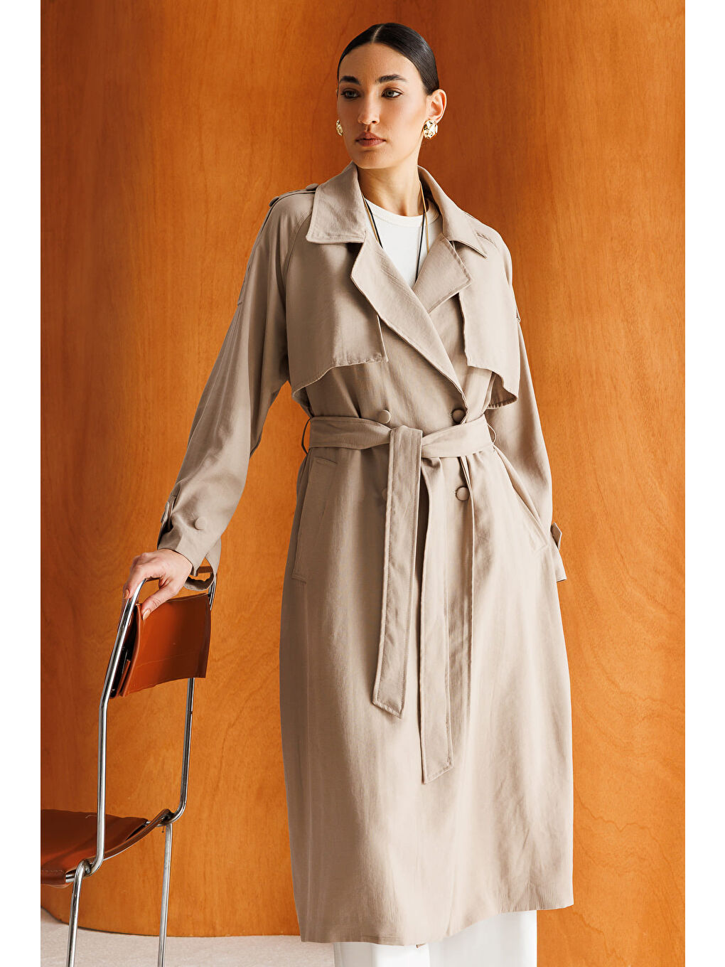 Oversize Bej Rengi Lyocell Trençkot-3