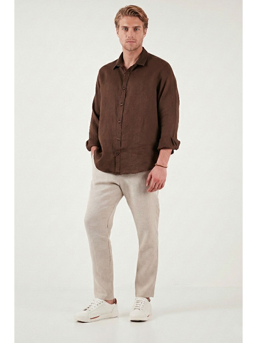 Bej Keten Regular Fit Normal Bel Düz Paça Pantolon CF26S6110228-3