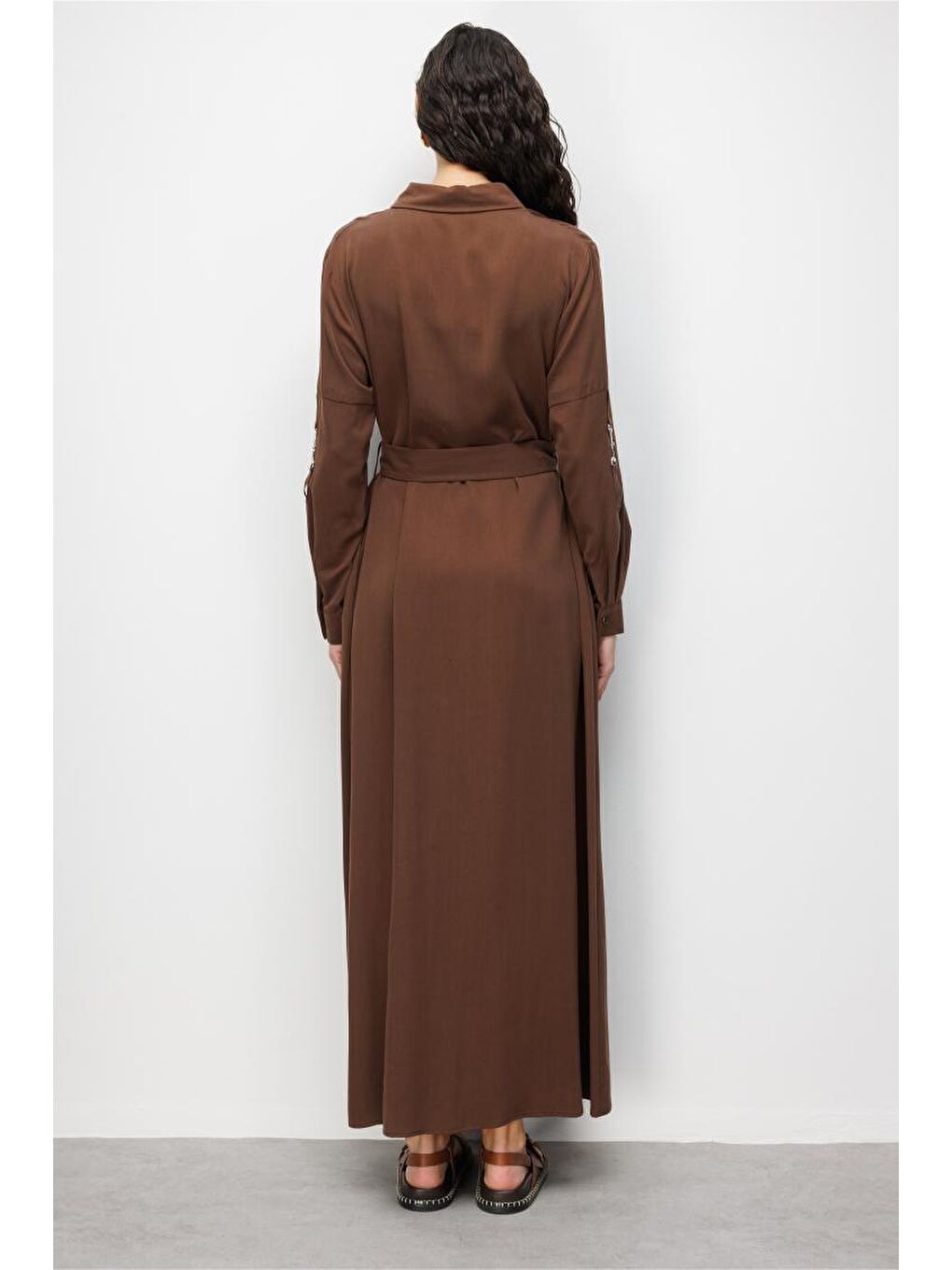 Acı Kahve Çift Cepli Uzun Kemerli Kahverengi Safari Elbise-2