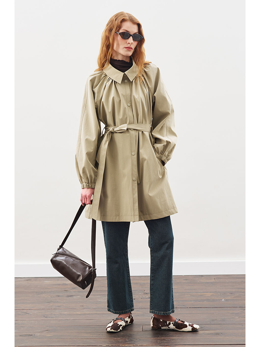 Oversıze Bağlamalı Midi Trençkot Haki-1