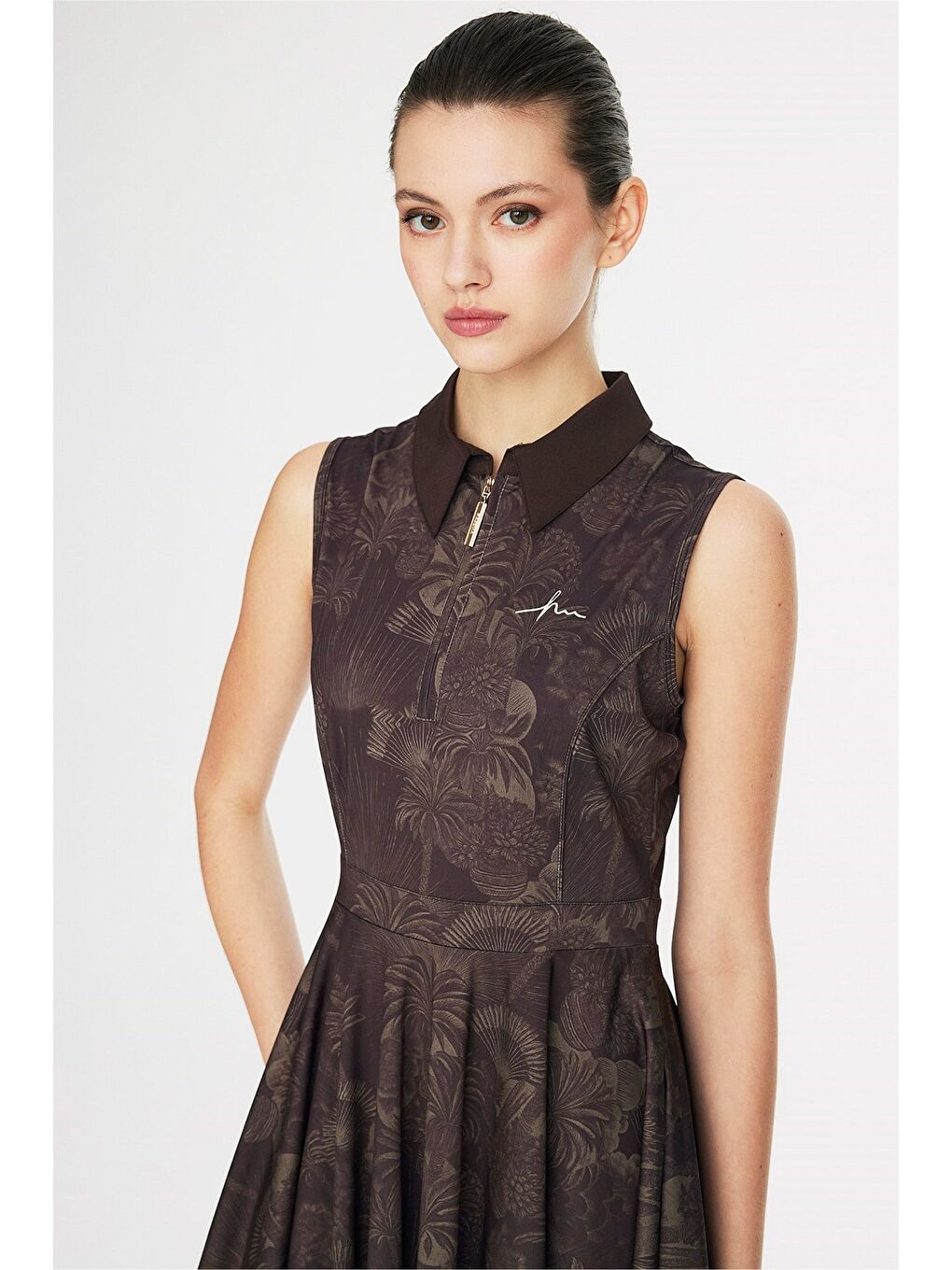 Vaha Koleksiyonu Desenli Gömlek Yaka Kahverengi 4 Parça Yarı Kapalı Mayo Takımı 5093-6