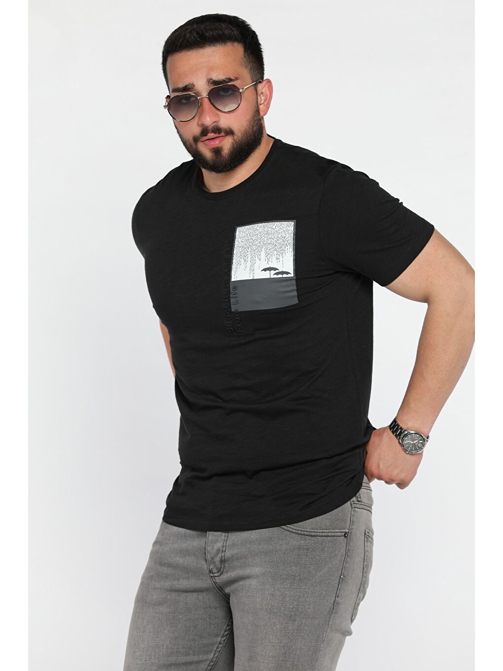 Siyah Baskılı Bisiklet Yaka Erkek Tişört
