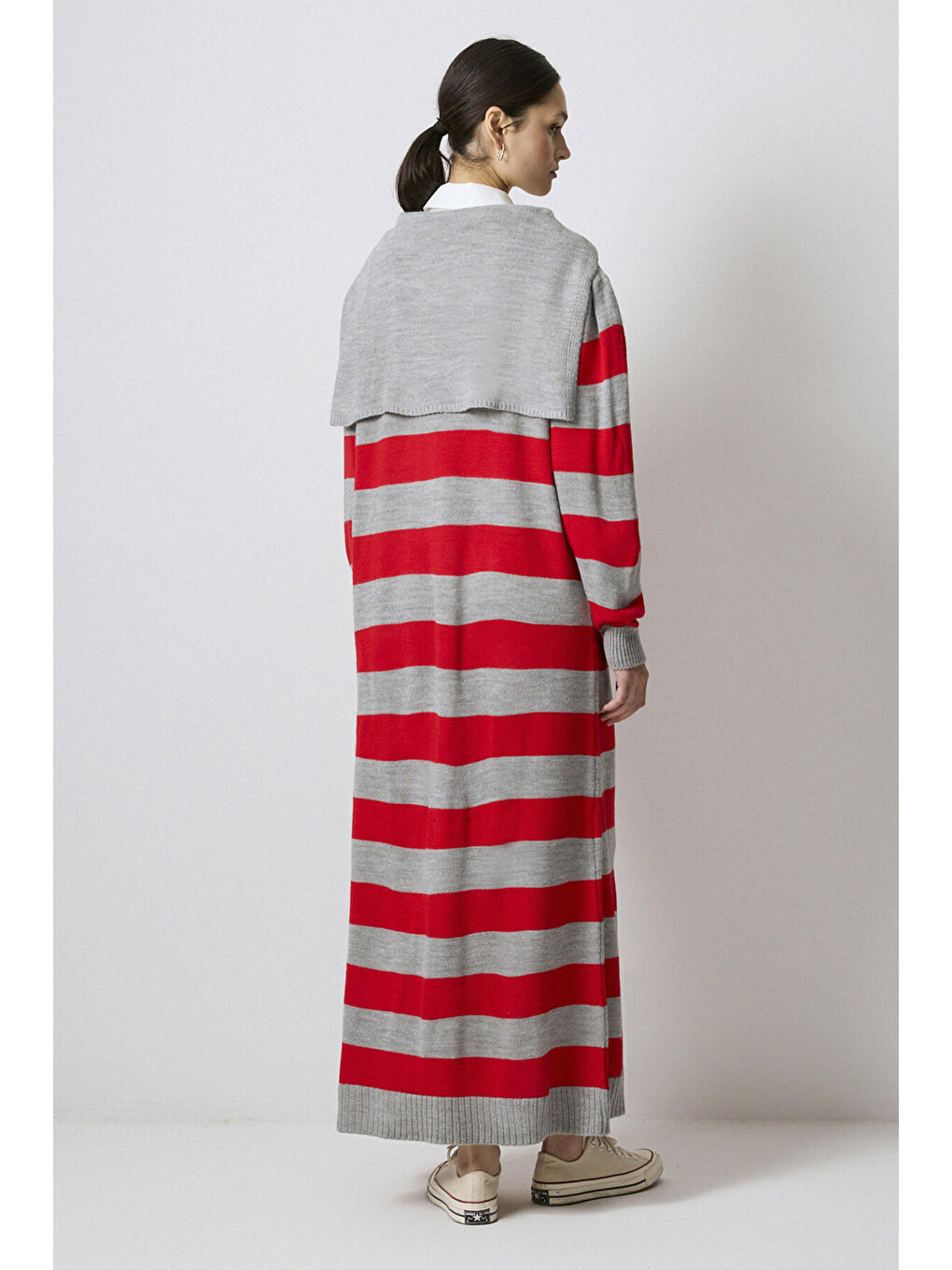 Kırmızı Geniş Yakalı Çizgili Triko Elbise-4