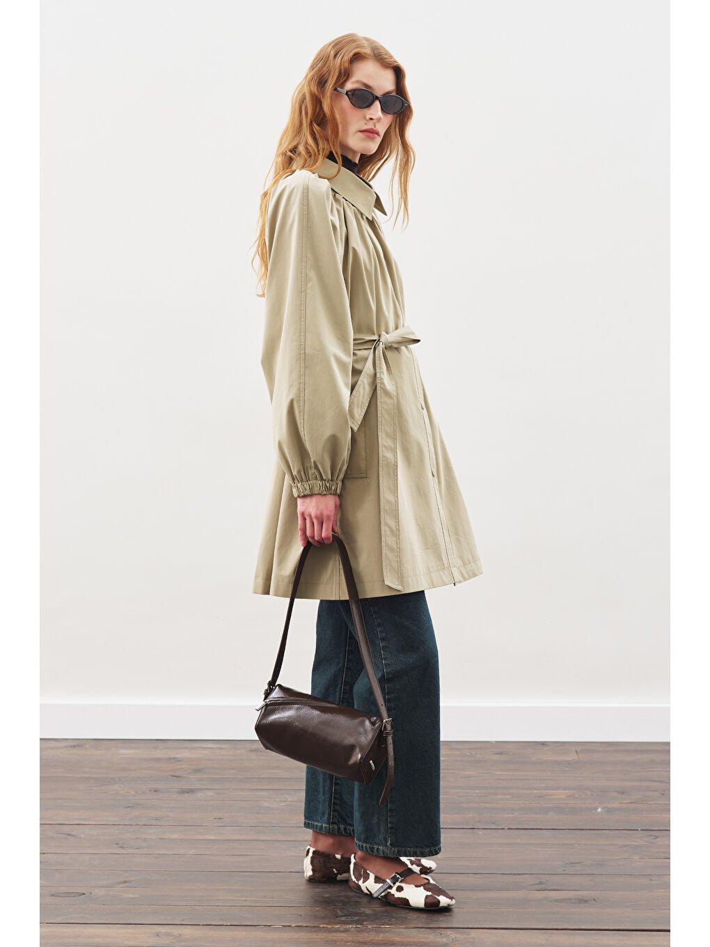 Oversıze Bağlamalı Midi Trençkot Haki-2
